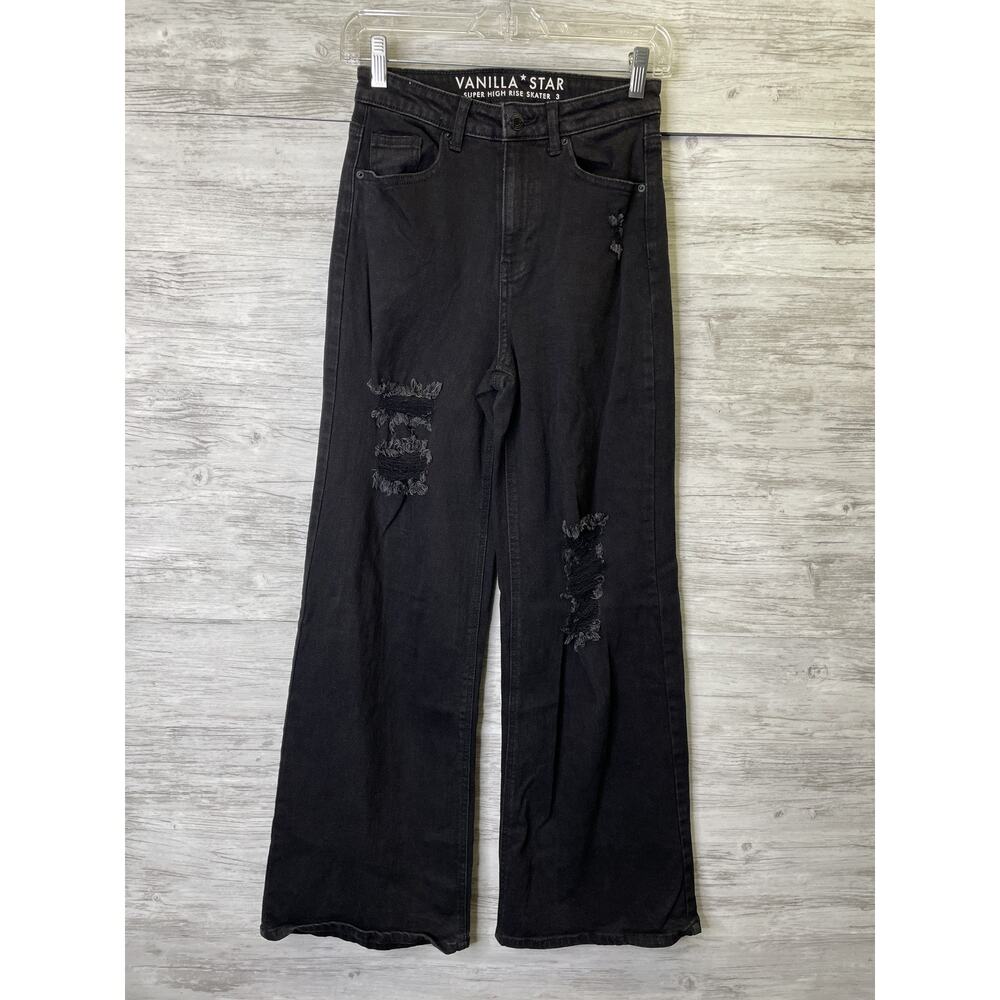 Vanilla Star Jeans Womens 3 Black Super High Rise Skater Wide‎ Leg Distressed